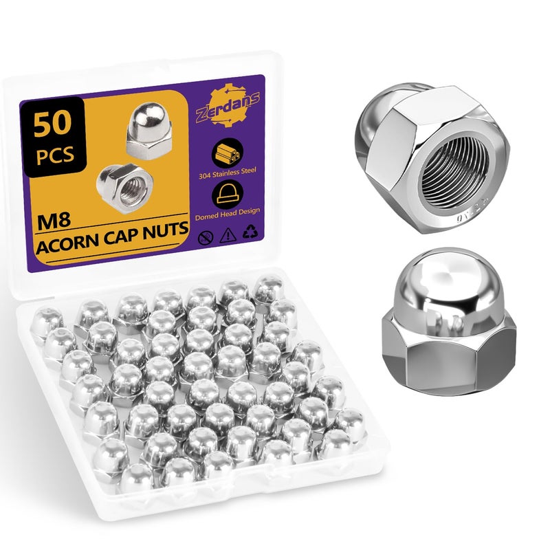 ZerDans M8-1.25mm Acorn Cap Nuts, 50Pcs Metric Hex Acorn Nuts Stainless Steel 18-8 (304) Caps for Indoor Outdoor Bolt Thread Dia Dome Head Hex Kit - Image 1